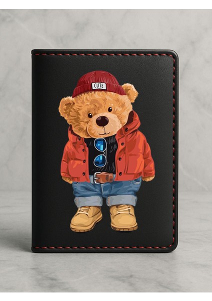 Ruhsat Koruyucu Baskılı Kart Bölmeli Siyah Vinlex Deri Ruhsat Kabı Kılıfı Teddy Bear