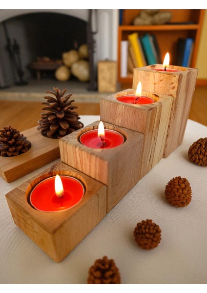 Ahşap Doğal Dekoratif Mumluk 4'lü Kare Takım