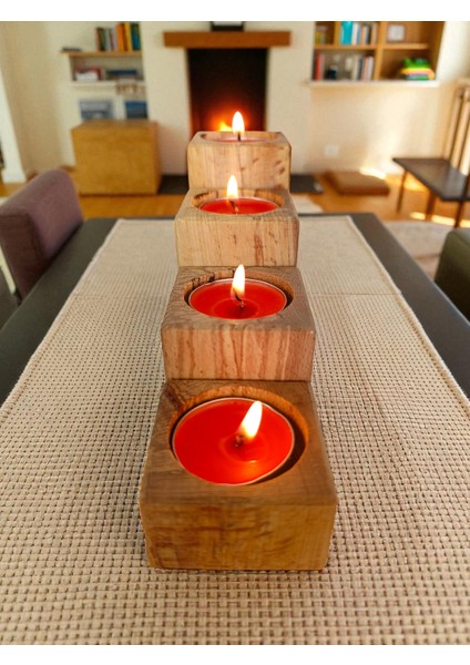 Ahşap Doğal Dekoratif Mumluk 4'lü Kare Takım modelleri