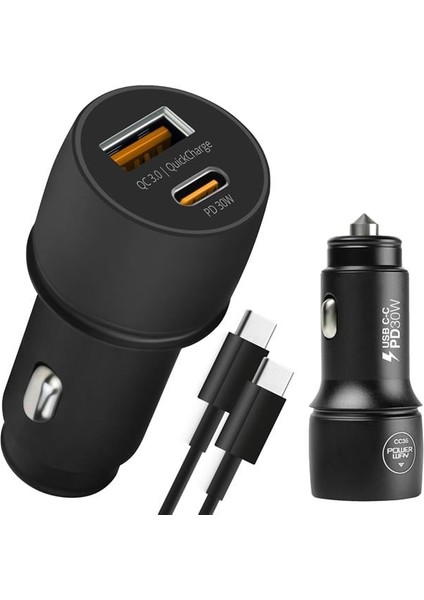Powerway CC36 30W Pd + Qc 3.0 Çift Çıkışlı Metal Araç Çakmaklık Hızlı Şarj Kablolu Set