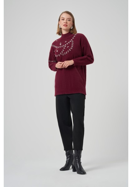 Taş Detay Angora Kazak Tunik 7002 Bordo fırsatları