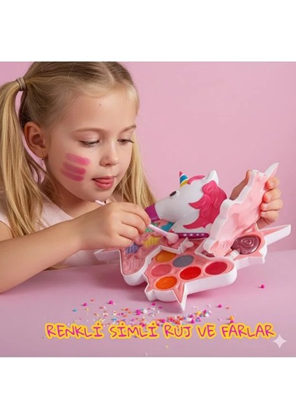 Unicorn Şekilli 3 Katlı Makyaj Güzellik Seti Sürülebilir Simli Ruj ve Farlar Renkli Güzellik Seti