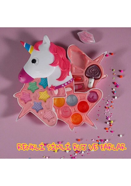 Unicorn Şekilli 3 Katlı Makyaj Güzellik Seti Sürülebilir Simli Ruj ve Farlar Renkli Güzellik Seti modelleri