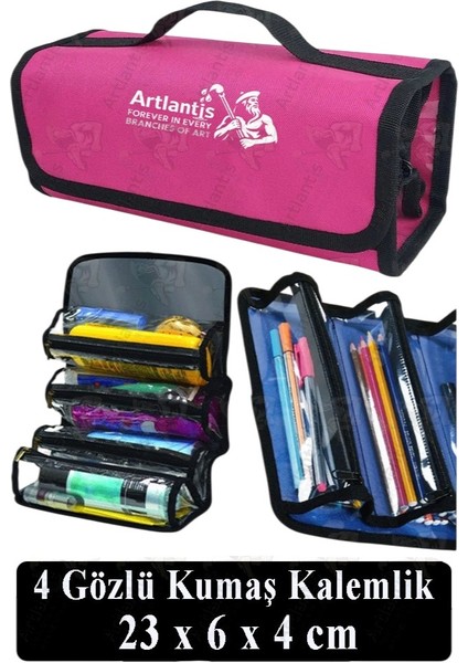 4 Gözlü Kalem Çantası 1 Adet Dört Bölümlü Kalemlik Sanatsal Şeffaf Bölmeli Kulplu Taşınabilir Kumaş Kalemlik