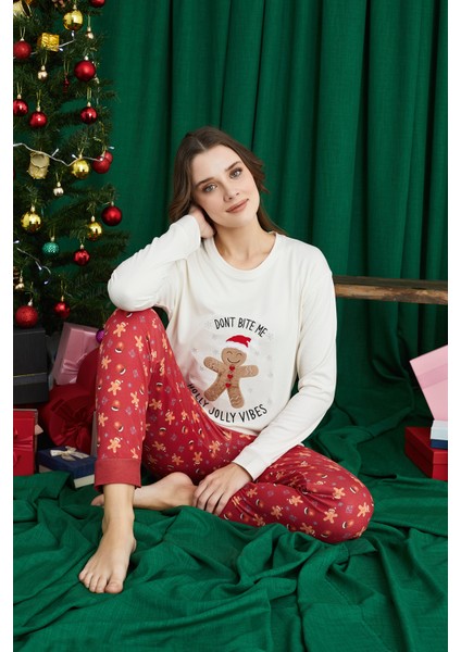 1190-30 Bayan Termaluzun Kol Pijama Takımı--Ekru--