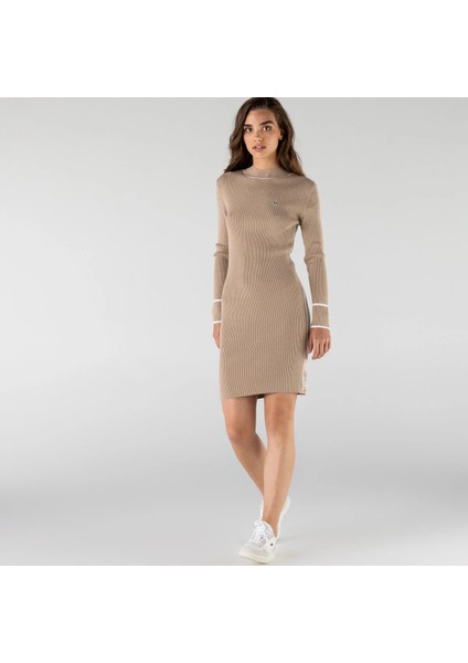 Kadın Slim Fit Baskılı Uzun Kollu Dik Yaka Açık Kahverengi Elbise