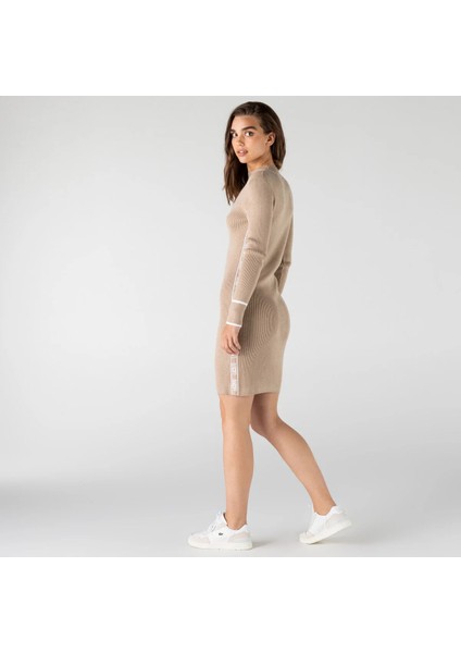 Kadın Slim Fit Baskılı Uzun Kollu Dik Yaka Açık Kahverengi Elbise fiyatları