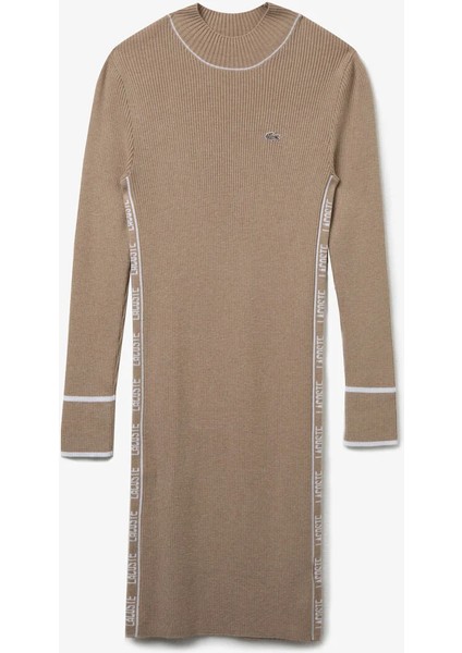 Kadın Slim Fit Baskılı Uzun Kollu Dik Yaka Açık Kahverengi Elbise modelleri