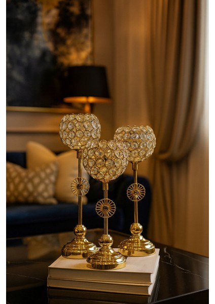 Dekoratif 3'lü Petek Şamdan - Gold