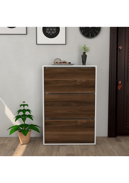 3 Kapaklı Kayar Raflı Ayakkabılık Ceviz