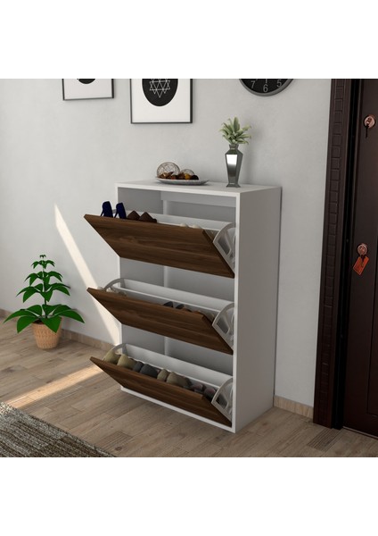 3 Kapaklı Kayar Raflı Ayakkabılık Ceviz fiyatları