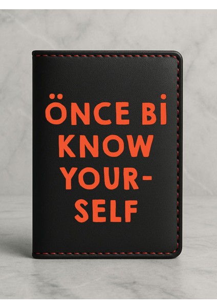 Ruhsat Koruyucu Baskılı Kart Bölmeli Siyah Vinlex Deri Ruhsat Kabı Kılıfı Know Yourself