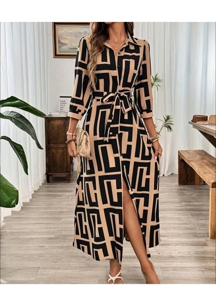 Kadın Uzun Kollu Yakalı Önden Düğmeli Uzun Süprem Elbise