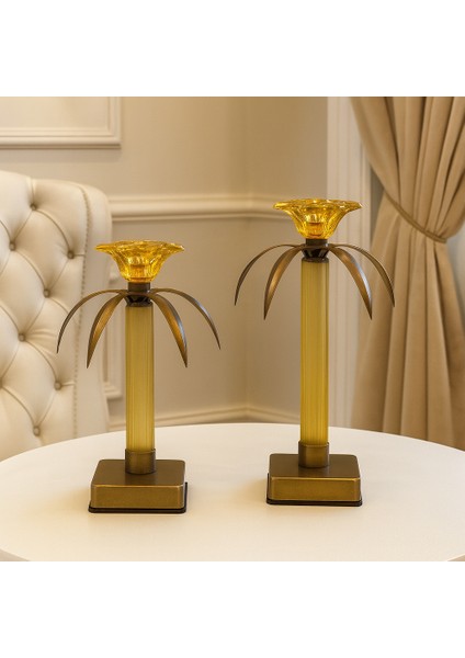 Dekoratif 2'li Palmiye Şamdan - Eskiteme/gold