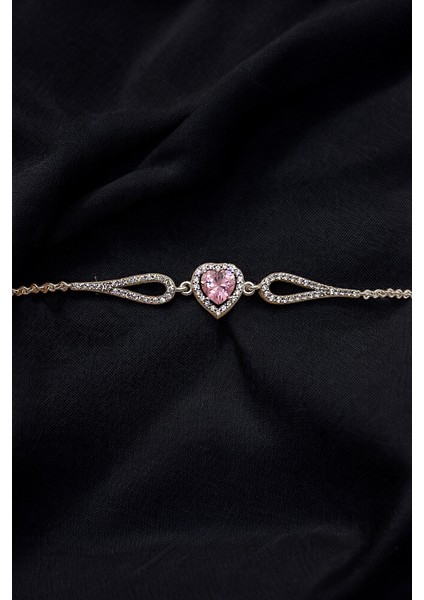 (Premium Işıklı Kutulu) 925 Ayar Gümüş Pembe Taşlı Pırlanta Kalp Model Kadın Bileklik fiyatları