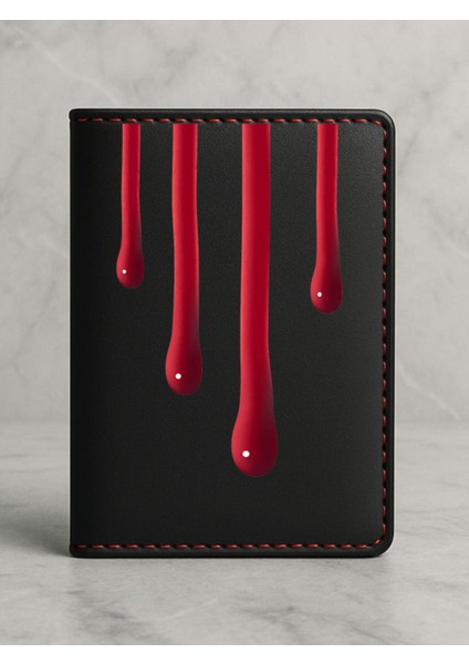 Ruhsat Koruyucu Baskılı Kart Bölmeli Siyah Vinlex Deri Ruhsat Kabı Kılıfı Kan Damlası