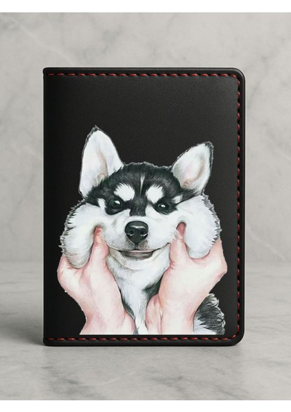 Ruhsat Koruyucu Baskılı Kart Bölmeli Siyah Vinlex Deri Ruhsat Kabı Kılıfı My Husky