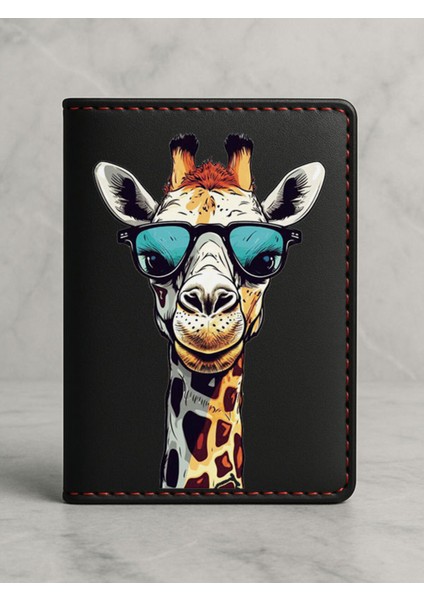 Ruhsat Koruyucu Baskılı Kart Bölmeli Siyah Vinlex Deri Ruhsat Kabı Kılıfı Süslü Zürafa