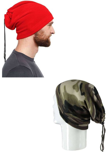 2 Adet Polar Ipli Bere ve Boyunluk Kırmızı Kamuflaj