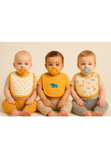 % 100 Pamuk - Hassas Bebek Teni Için Yumuşak Dokulu- 0-18 Aylık 3 Lü Bebek Mama Önlüğü Seti