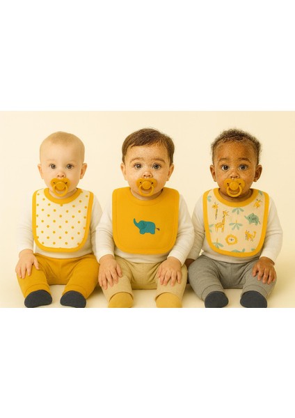 % 100 Pamuk - Hassas Bebek Teni Için Yumuşak Dokulu- 0-18 Aylık 3 Lü Bebek Mama Önlüğü Seti