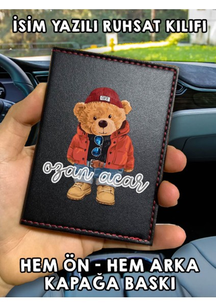 Teddy Bear Ön Arka Baskılı Oto Araç Ruhsat Kabı Kartlık Deri Isim Yazılı Kişiye Özel Cüzdan