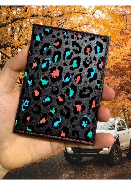 Leopar Desenli Ruhsat Kabı Logolu Oto Ruhsat Kılıfı Vinleks Deri Dikişli Araç Ruhsat Koruyucu