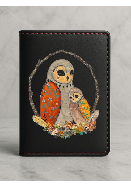 Ruhsat Koruyucu Baskılı Kart Bölmeli Siyah Vinlex Deri Ruhsat Kabı Kılıfı Baykuş Yuvası