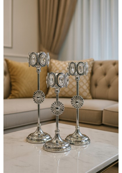 Dekoratif 3'lü Oval Taşlı Şamdan - Gümüş