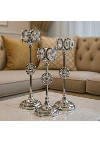 Dekoratif 3'lü Oval Taşlı Şamdan - Gümüş modelleri