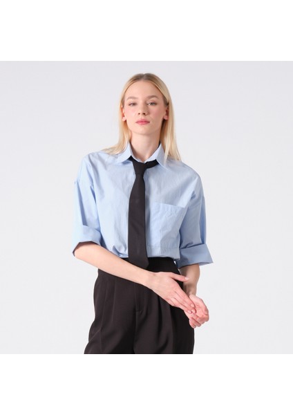 Truvakar Kol %100 Pamuk Poplin Oversize Gömlek Mavi