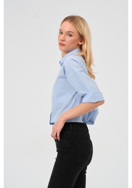 Truvakar Kol %100 Pamuk Poplin Oversize Gömlek Mavi