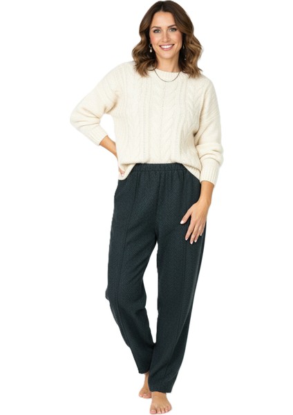 Kadın Pantolon Kalın Kışlık Cepli Şardonlu Pamuk Dokulu Beli Lastikli Kırçıl Desenli