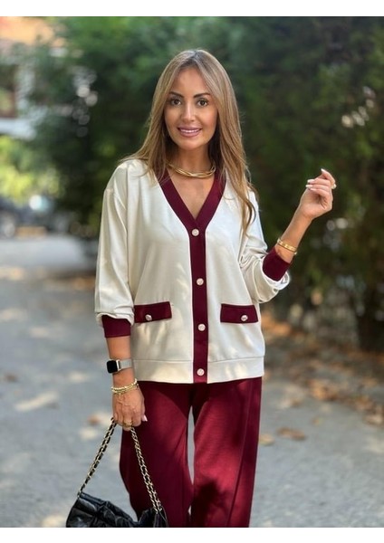 Kadın Uzun Kollu Ribanali Cep Detay Hırka ve Bol Paça Pantolon Ikili Takım