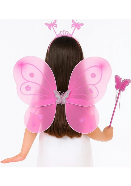 Pembe Kelebek Kız Seti – 50 cm Kelebek Kanadı, Taç ve Asa
