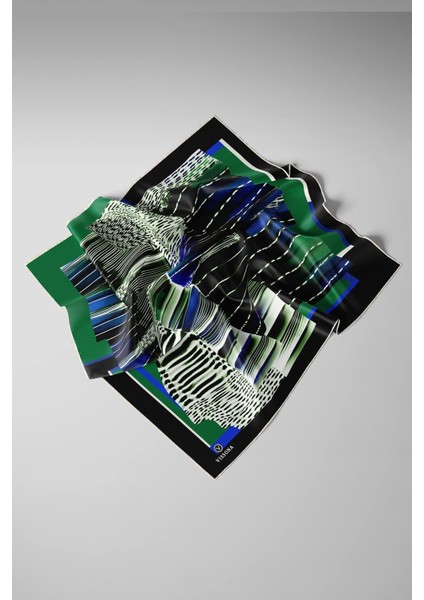 %100 Twill Ipek Geometrik Desenli Zümrüt Yeşili - Saks Renkli 90X90 Eşarp Dikim Şekli : El Dikişi modelleri