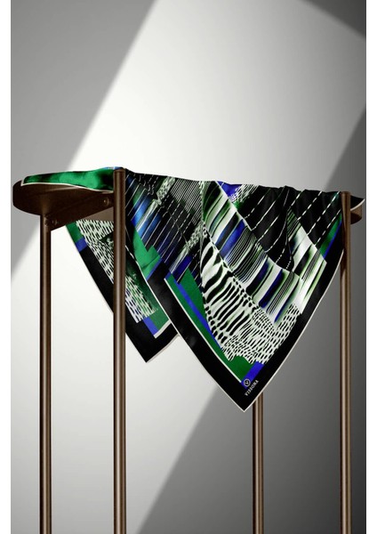 %100 Twill Ipek Geometrik Desenli Zümrüt Yeşili - Saks Renkli 90X90 Eşarp Dikim Şekli : El Dikişi fırsatları