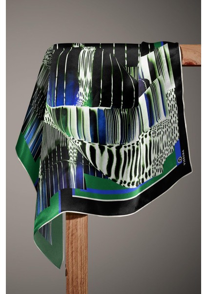 %100 Twill Ipek Geometrik Desenli Zümrüt Yeşili - Saks Renkli 90X90 Eşarp Dikim Şekli : El Dikişi indirimleri