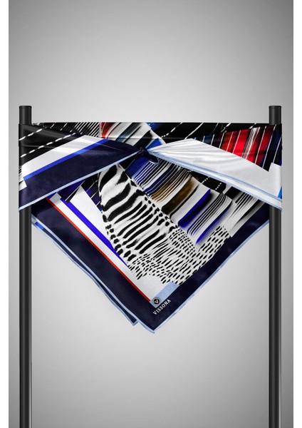 %100 Twill Ipek Geometrik Desenli Zümrüt Yeşili - Saks Renkli 90X90 Eşarp Dikim Şekli : El Dikişi