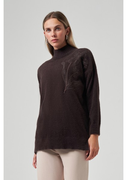 Nakış Detay Angora Kazak 7004 Kahverengi fiyatları