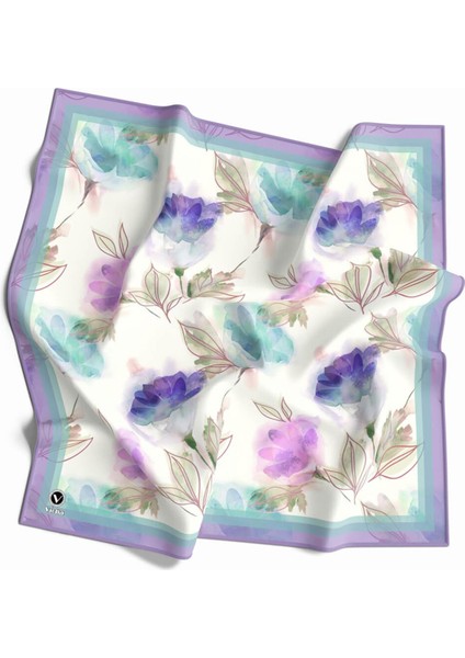 Twill Suluboya Çiçek Desenli Mint Yeşili Renkli 90X90 Eşarp (Ipek Içermez) Kenar Dikiş Şekli El Dikişli