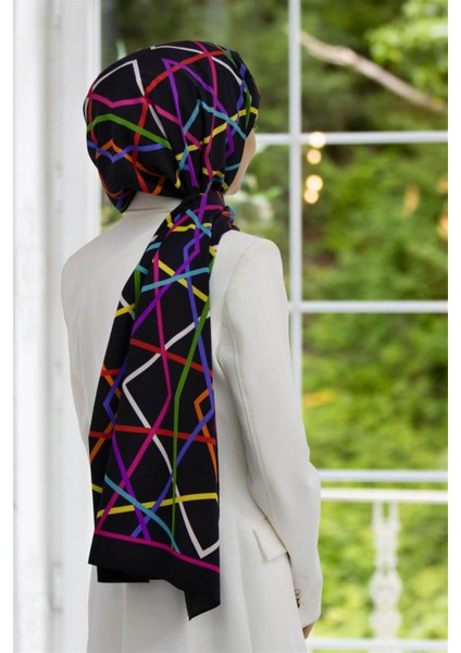 Lüks Medine Ipeği Çizgili Desenli Siyah - Fuşya Renkli 75X195 Kırışmaz Şal Moss Krep Dikiş Tipi Italyan Dikişli