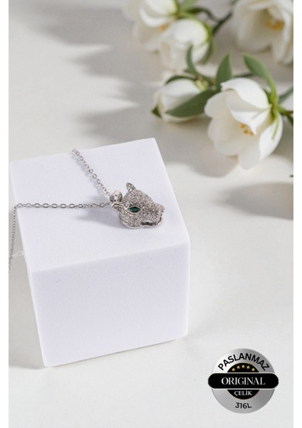 Kadın 316 L Çelik Stainless Steel Damgalı Leopar Kolye