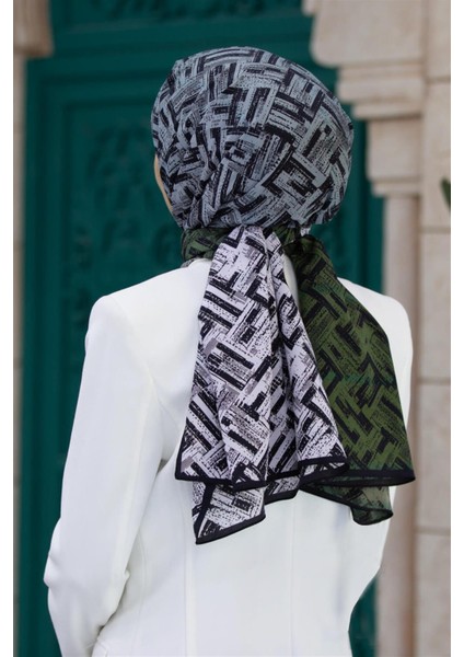 Lüks Medine Ipeği Degradeli Çizgi Desenli Koyu Mint Yeşili Renkli 75X195 Kırışmaz Şal Moss Krep Dikiş Tipi Italyan Dikişli