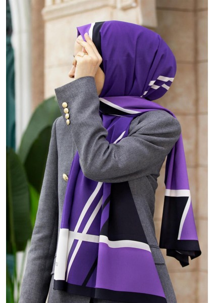 Lüks Medine Ipeği Geometrık Desenli Mor Renkli 75X195 Kırışmaz Şal Moss Krep Dikiş Tipi Italyan Dikişli