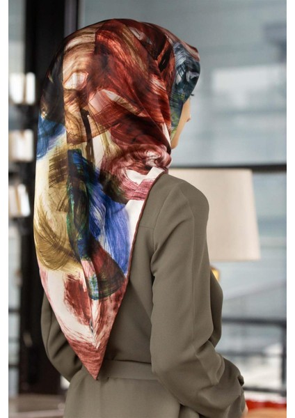 Twill Fırça Efektli Desenli Bakır Renkli 90X90 Eşarp (Ipek Içermez) Kenar Dikiş Şekli El Dikişli