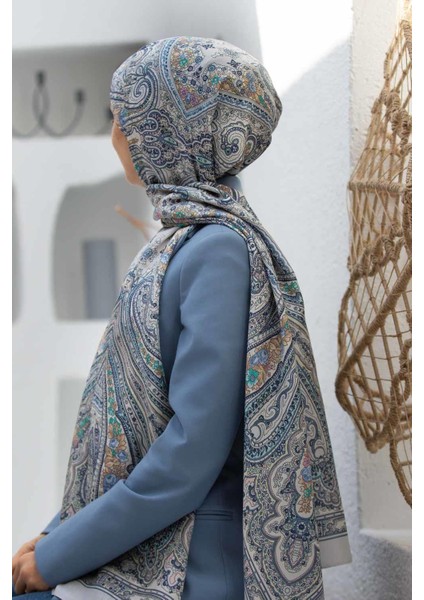 %100 Ipek Etro Desenli Gri Renkli 92X210 Şal