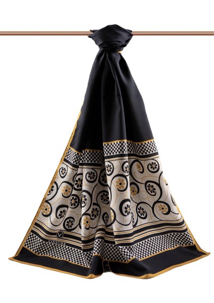 Lüks Medine Ipeği Kenar Motifi Çiçek Desenli Siyah - Gold Renkli 75X195 Kırışmaz Şal Moss Krep Dikiş Tipi Italyan Dikişli fiyatları
