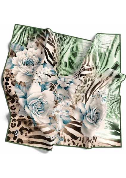 Twill Renkli Şerit Desenli Mint Yeşili - Bej Renkli 90X90 Eşarp (Ipek Içermez) Kenar Dikiş Şekli El Dikişli