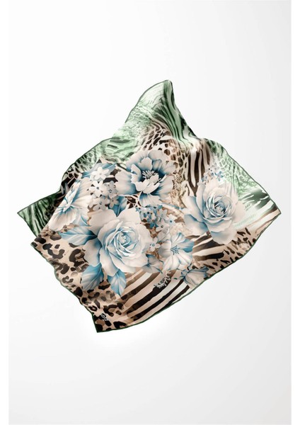 Twill Renkli Şerit Desenli Mint Yeşili - Bej Renkli 90X90 Eşarp (Ipek Içermez) Kenar Dikiş Şekli El Dikişli modelleri